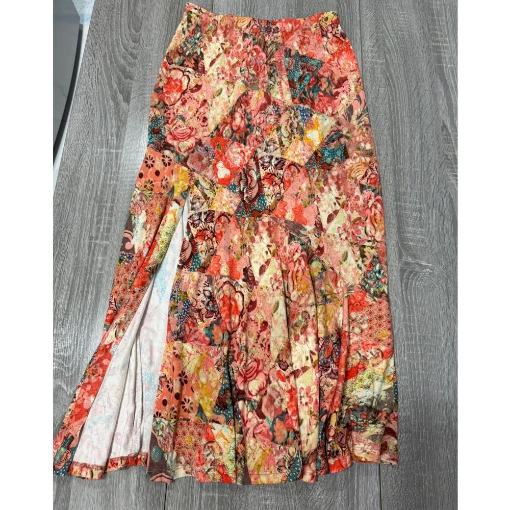 Peruvian Connection Patchwork Floral Maxi Skirt Multi Color Boho Side Slit XS